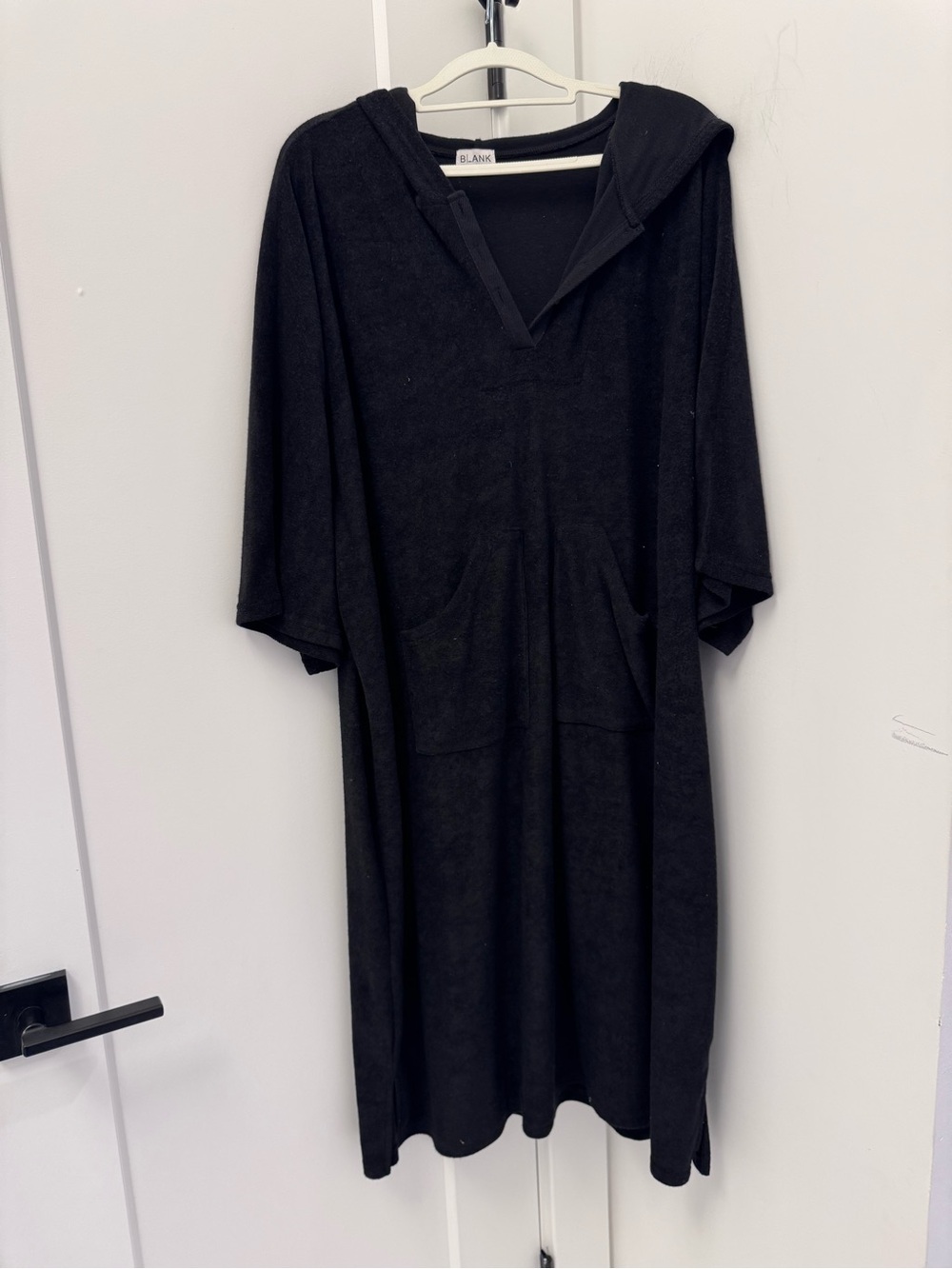 Blank Black Hooded Midi Pullover Dress with Patch Pockets